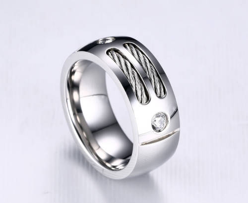 Men's Ring - Stainless Steel With Wire - 2 x Cubic Zirconia's - Size S