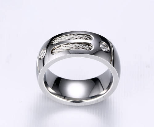 Men's Ring - Stainless Steel With Wire - 2 x Cubic Zirconia's - Size S
