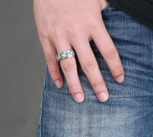 Men's Ring - Stainless Steel With Wire - 2 x Cubic Zirconia's - Size S