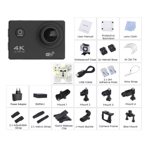 4K Sports Camera - Sony 179 Sensor, 30fps, 170-Degree Lens, 16MP, IP68, Case,HDMI Out,2-Inch Display