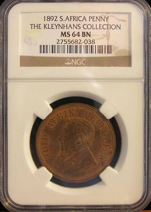 1892 PAUL KRUGER PENNY GRADED MS64 BROWN