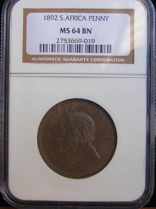 1892 PAUL KRUGER PENNY GRADED MS64 BROWN