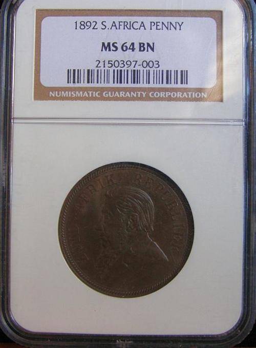 1892 PAUL KRUGER PENNY GRADED MS64 BROWN