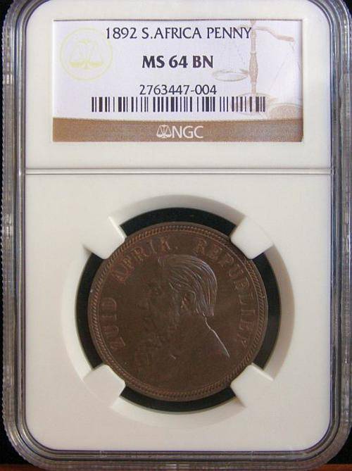 1892 PAUL KRUGER PENNY GRADED MS64 BROWN