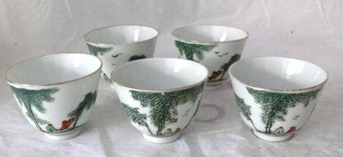 NICE JOB LOT OF 5 CHINESE TEA CUPS - HAND PAINTED - VERY OLD - FULLY BACKSTAMPED