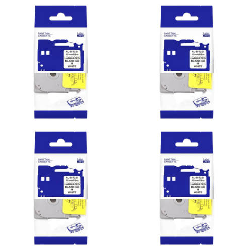 TZ-231 Label Tape Cartridge 12mm - Laminated Black On White - Pack Of 4 - Compatible with Brother