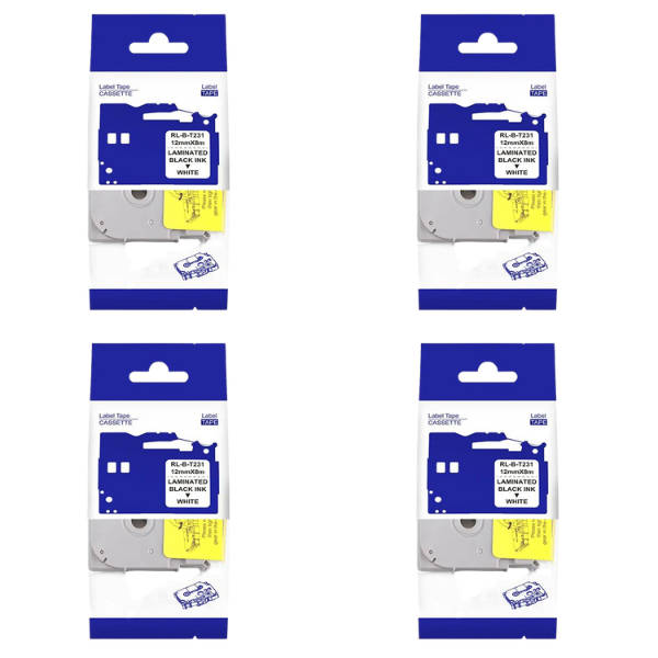 TZ-231 /TZ231  Label Tape Cartridge 12mm Laminated Black On White - 4 Pack