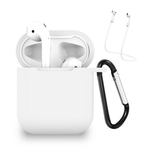 Airpods Silicone Protective Case and Anti-Lost Strap for Apple AirPods & TWS - White
