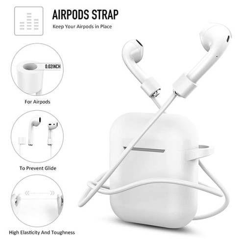 Airpods Silicone Protective Case and Anti-Lost Strap for Apple AirPods & TWS - White