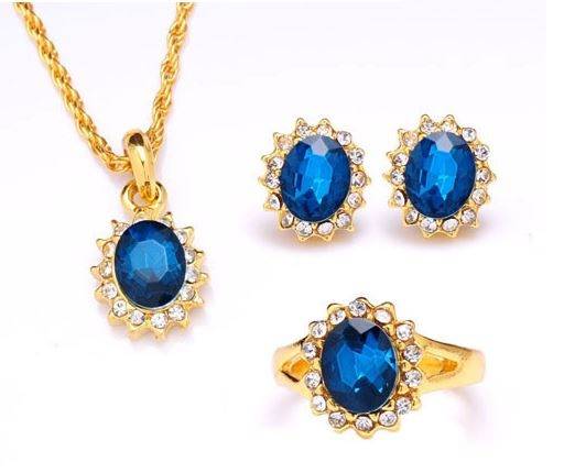 18k Yellow Gold Filled Saphire Austrian Crystal 3 Pcs Necklace+Earrings+Ring Jewelry Set
