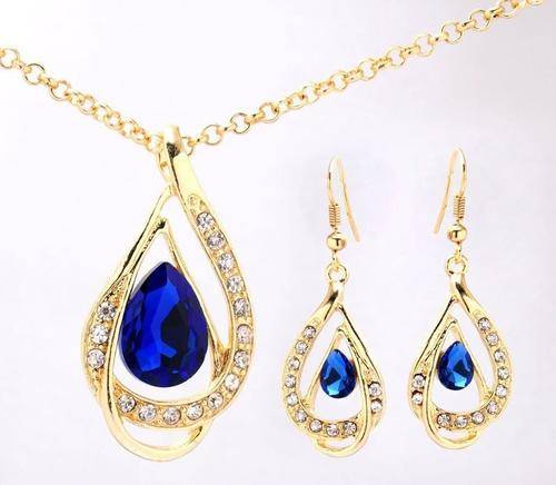 18k Yellow Gold Filled Sapphire Austrian Crystal Chain Necklace + Earrings Jewelry Set
