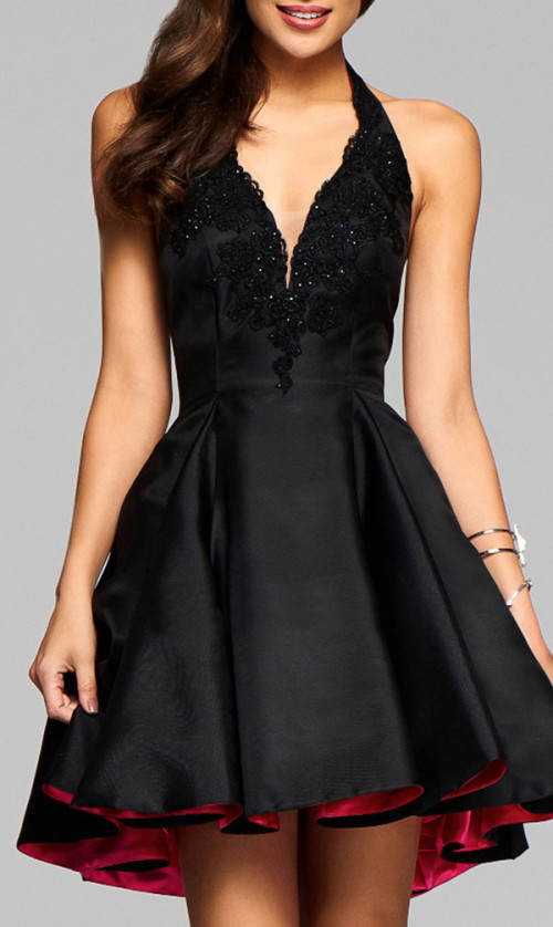 GORGEOUS BLACK HALTER NECK HIGH-LOW FORMAL COCKTAIL PARTY DRESS