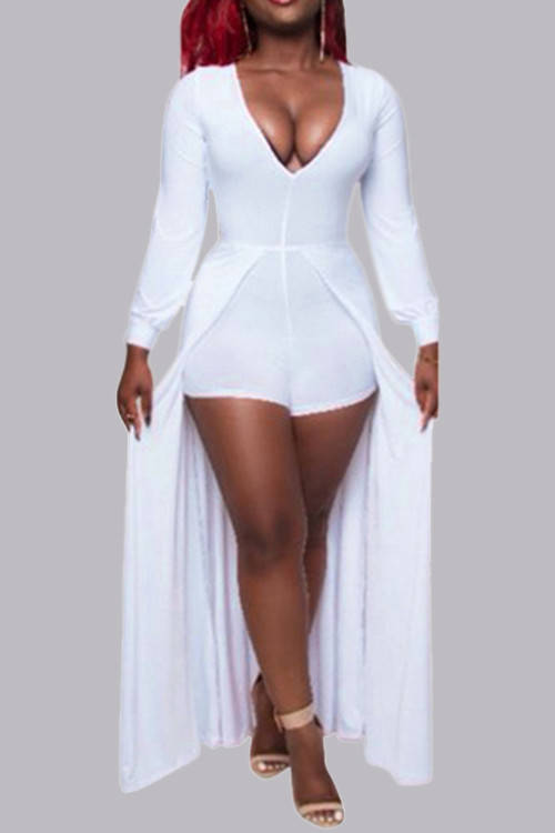WHITE DEEP V ASYMMETRICAL LONG SLEEVE COTTON JUMPSUIT - S/M/L/XL/2XL