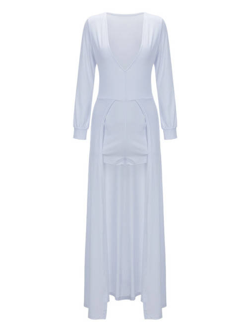 WHITE DEEP V ASYMMETRICAL LONG SLEEVE COTTON JUMPSUIT - S/M/L/XL/2XL