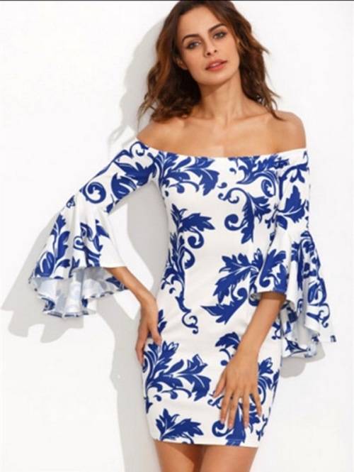 TRENDY OFF SHOULDER FLARE SLEEVE BODYCON PRINT DRESS - S/M/L/XL