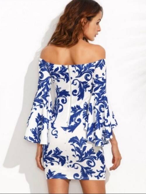 TRENDY OFF SHOULDER FLARE SLEEVE BODYCON PRINT DRESS - S/M/L/XL