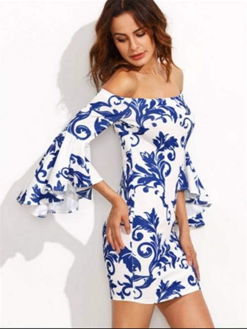 TRENDY OFF SHOULDER FLARE SLEEVE BODYCON PRINT DRESS - S/M/L/XL