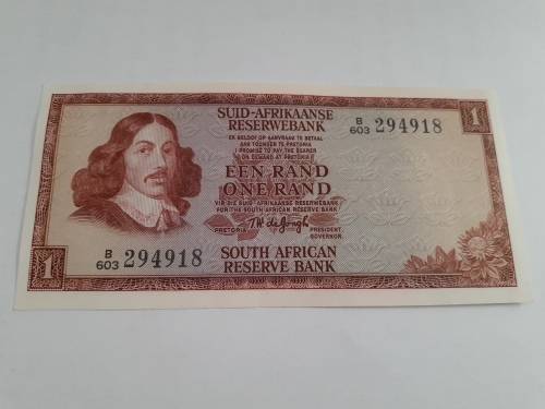 South Africa Reserve Bank One Rand Note TW de Jongh