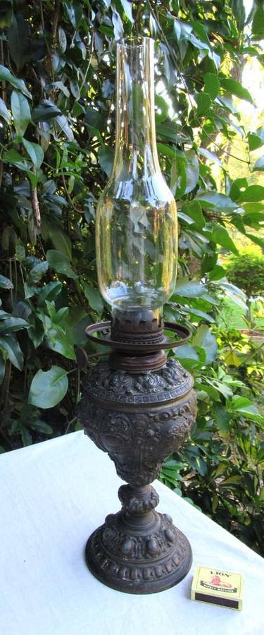 RARE ANTIQUE EMBOSSED METAL KEROSENE LAMP & FUNNEL DIETZ & CO VGC