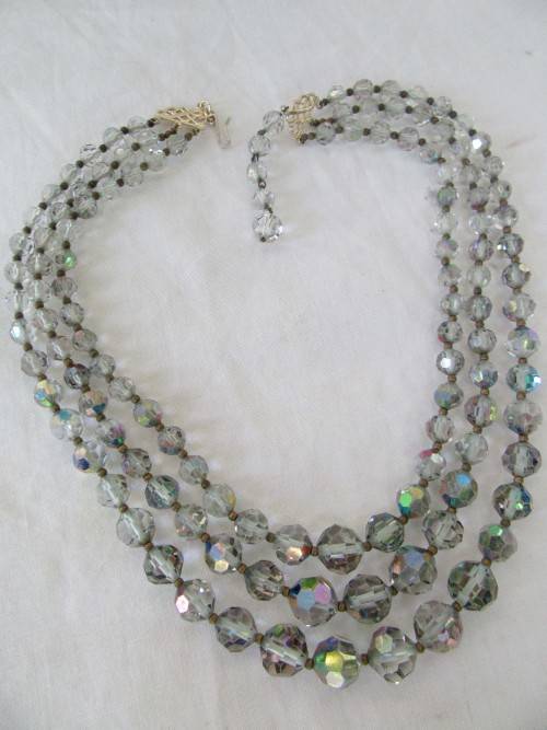 VINTAGE 3 STRAND CRYSTAL NECKLACE WITH GOLD LOOKING CLASP~INTACT
