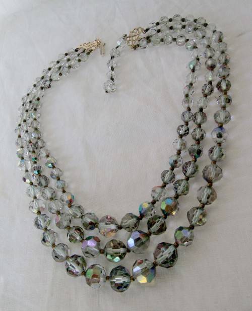 VINTAGE 3 STRAND CRYSTAL NECKLACE WITH GOLD LOOKING CLASP~INTACT