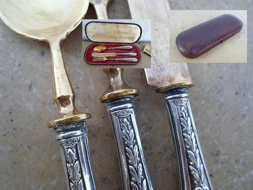 VERY NICE~ANTIQUE BOXED CUTLERY SET~HANDLES STAMPED 800~CUTLERY SECTION GILT