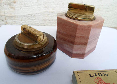 TWO VINTAGE TABLE LIGHTERS~PINK MARBLE AND SOLID LARGE TIGER EYE~WEST GERMANY