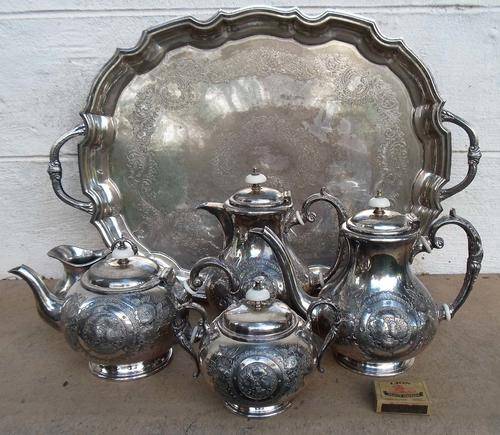 LARGE 6 PIECE ANTIQUE JOHN TURTON PLATED TEA SET~INCL A TRAY
