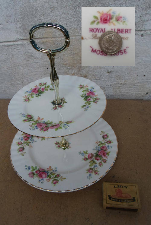 LOVELY VINTAGE ROYAL ALBERT MOSS ROSE~TWO TIER CUP CAKE STAND~PERFECT!!!