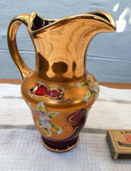 LUXURY CZECH BOHEMIAN MOSER~VINTAGE CUSTOM MADE EXQUISITE GILT ON RUBY RED GLASS JUG~WOW!!!