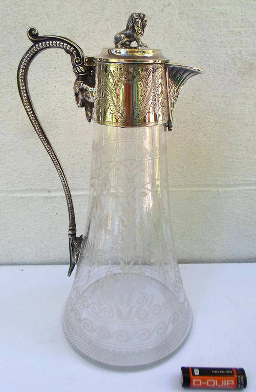 VICTORIAN HAND ETCHED GLASS AND SP CLARET JUG~RAMS HEAD HANDLE, LION FINIAL~WOW!!!!