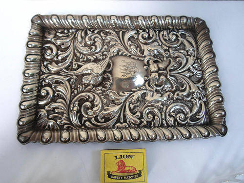 LARGE SOLID SILVER EDWARDIAN DRESING TABLE TRAY~EMBOSSED DETAIL CHESTER 1906~255 GRMS