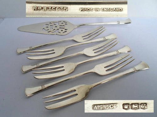 HALLMARKED SILVER CAKE SERVER SET~LIFTER + 6 FORKS BOXED~126.3 GRAMS