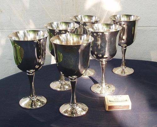 BEAUTIFUL FULL SET 6 VINTAGE SILVER PLATED WINE GOBLETS~QUALITY EM-ESS~PERFECT CONDITION