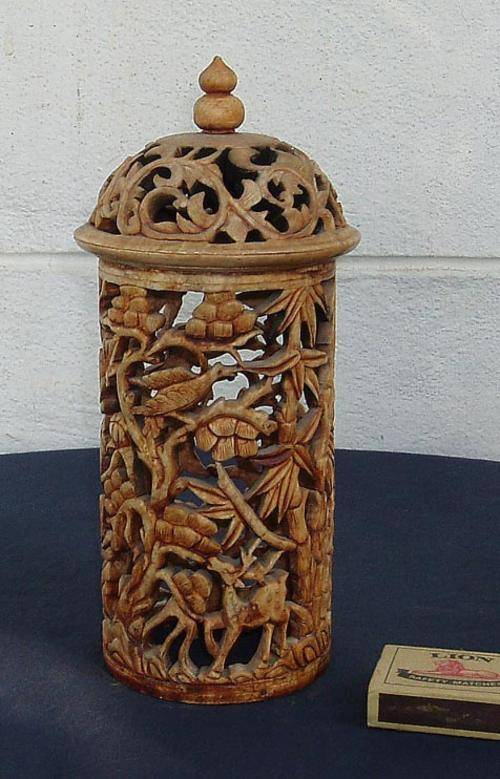 INTERESTING VINTAGE INTRICATELY CARVED~CYLINDRICAL STONE COVER~FOLIAGE ANIMALS BIRDS