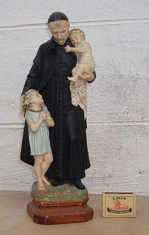 CHARMING VINTAGE/ANTIQUE~SIGNED RELIGIOUS FIGURE HOLDING TWO CHILDREN~MADE IN FRANCE
