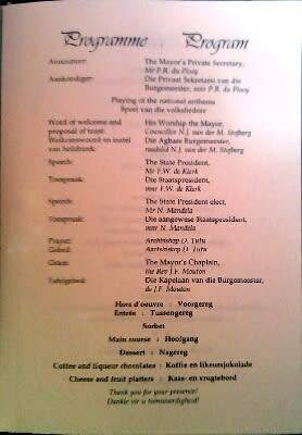 CRAZY ZERO START!!!! $$ All must GO!  - MANDELA SOUTH AFRICA 1994 INAUGURATION BANQUET MENU