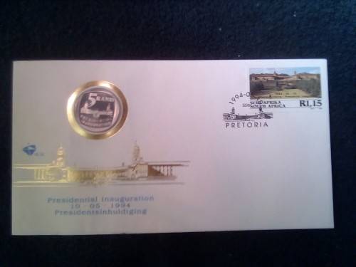 CRAZY ZERO START!!!! $$ All must GO!- MANDELA SOUTH AFRICA FDC 1994 WITH R5 INAUGURATION PROOF COIN