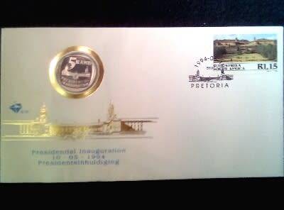 CRAZY ZERO START!!!! $$ All must GO!- MANDELA SOUTH AFRICA FDC 1994 WITH R5 INAUGURATION PROOF COIN