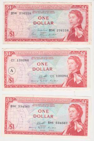 3 x East Carribean one dollar notes - different types