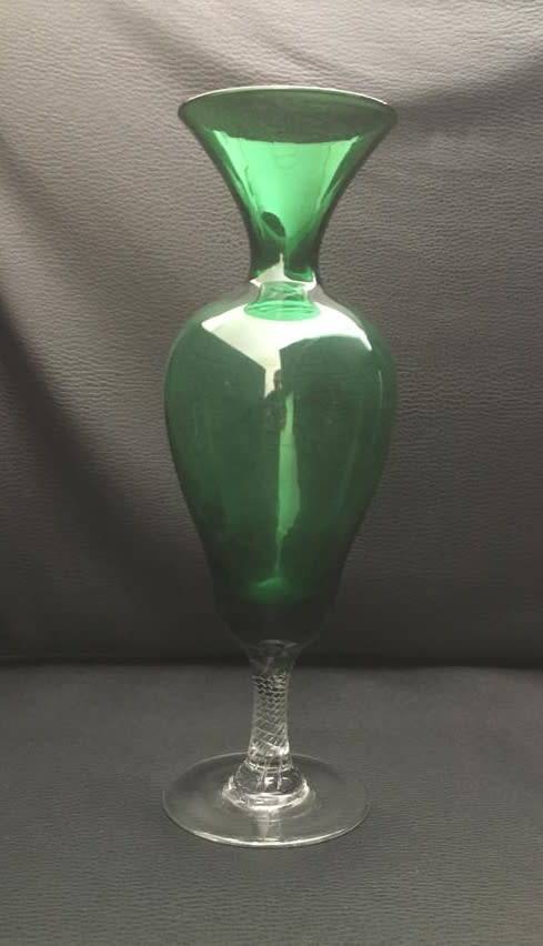 BEAUTIFUL GREEN VASE WITH CLEAR STEM