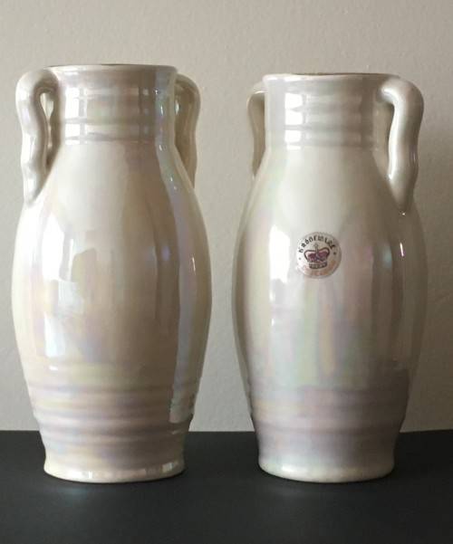 TWO BIG BEAUTIFUL MOTHER OF PEARL VINTAGE KRONEWARE PORCELAIN VASES BY CROWN WITH ORIGINAL LABEL