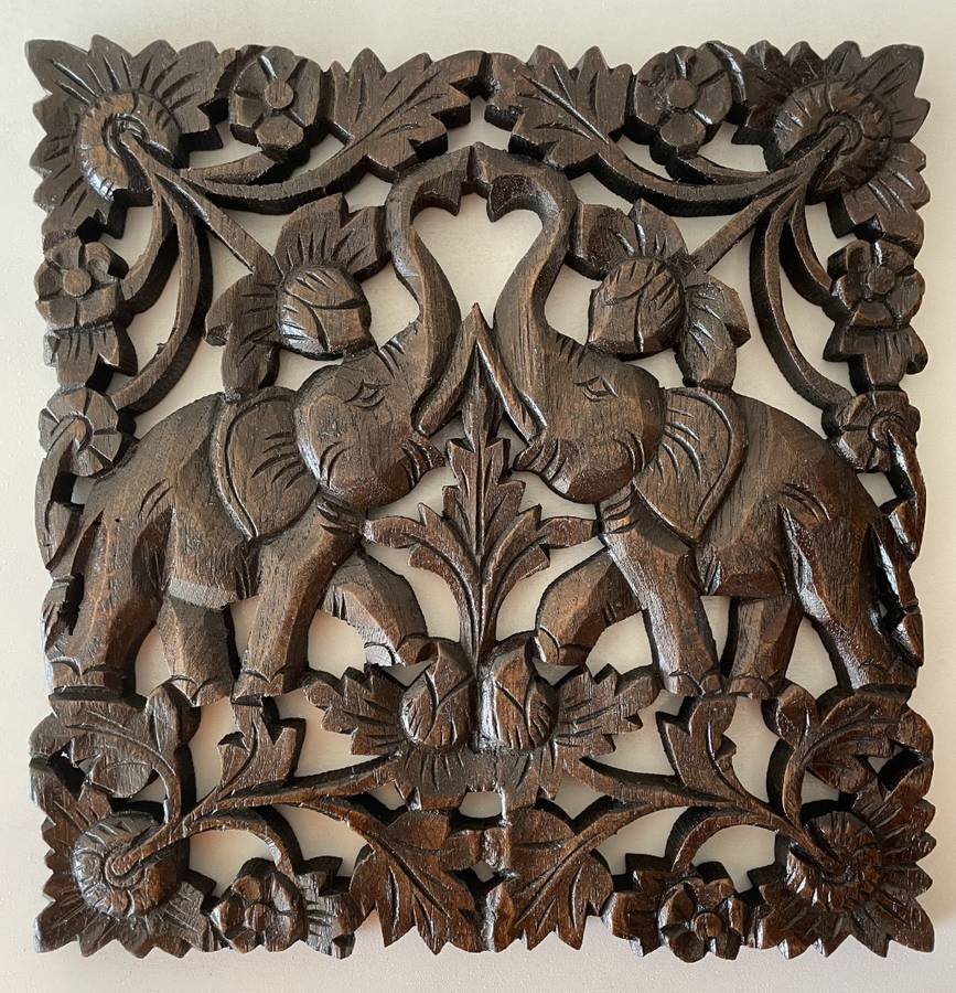 ASIAN HAND CARVED TEAK WOODEN PANEL OF ELEPHANTS