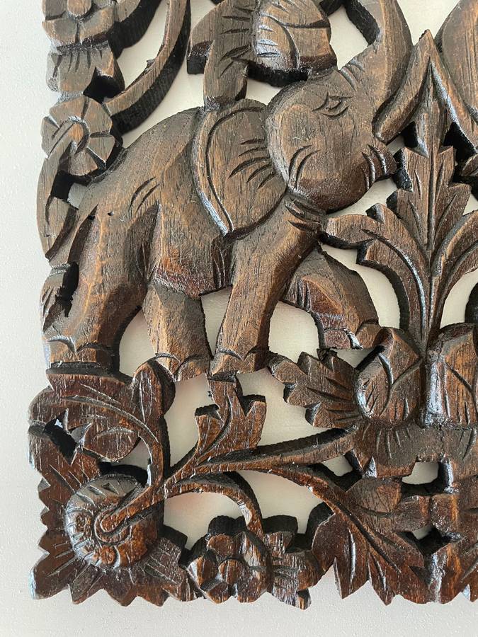 ASIAN HAND CARVED TEAK WOODEN PANEL OF ELEPHANTS