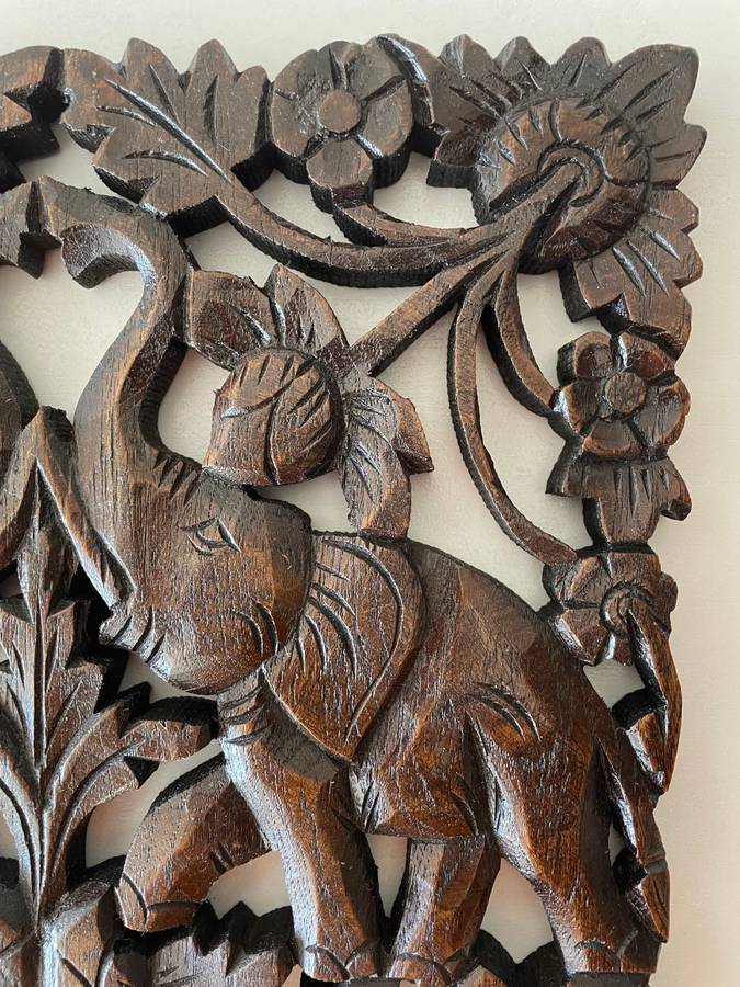 ASIAN HAND CARVED TEAK WOODEN PANEL OF ELEPHANTS