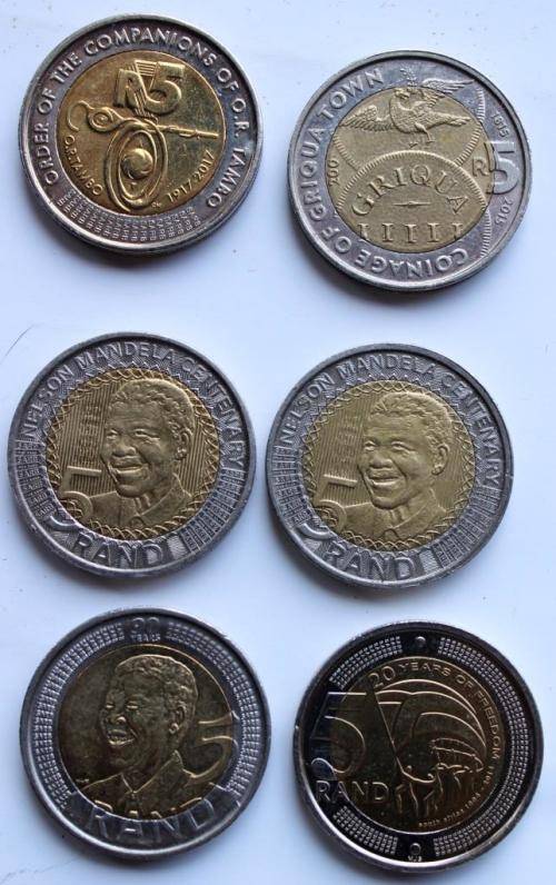 R5 COINS: OR Tambo; Griqua Town Centenary; Mandela Centenary & Birthday & 20 Yrs. Freedom