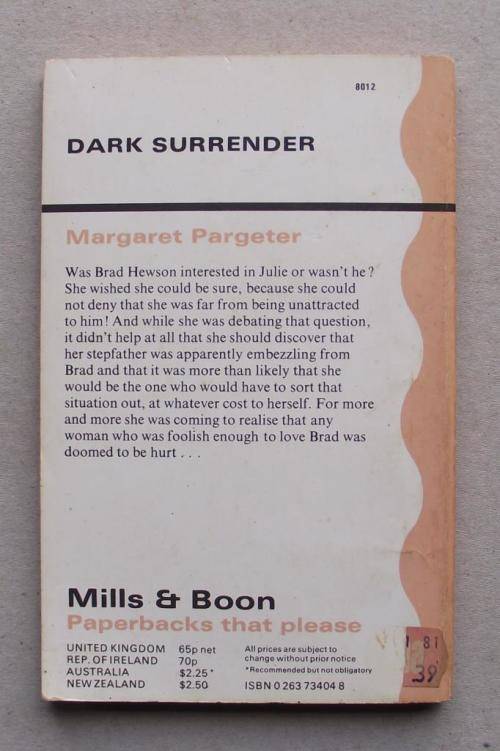MILLS & BOON: DARK SURRENDER by Margaret Pargeter (good cond.)