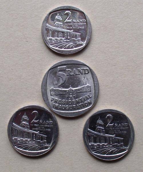 R5 Presidents Inauguration Coin & 3 x R2 100yrs. Anniversary of Union Buildings -One bid for 4 coins