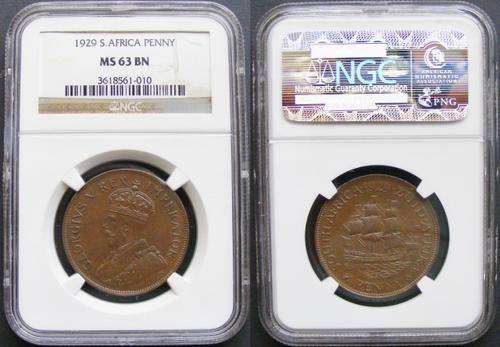 Union of SA,King GeorgeV High Grade Coppers:2ndType Set.Item 4of 5:1929 Penny NGC MS63BN.R1 Start