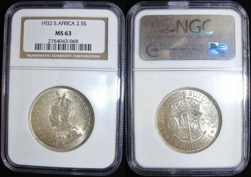 Top grade 1932 Union of SA Coins.Item 6 of 6:2.5S NGG MS63.Third Finest Known.R1 Start